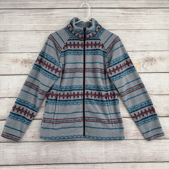 Columbia Jacket Womens Medium Gray Blue Red Fleece Full Zip Aztec Print Outdoors - Picture 1 of 11